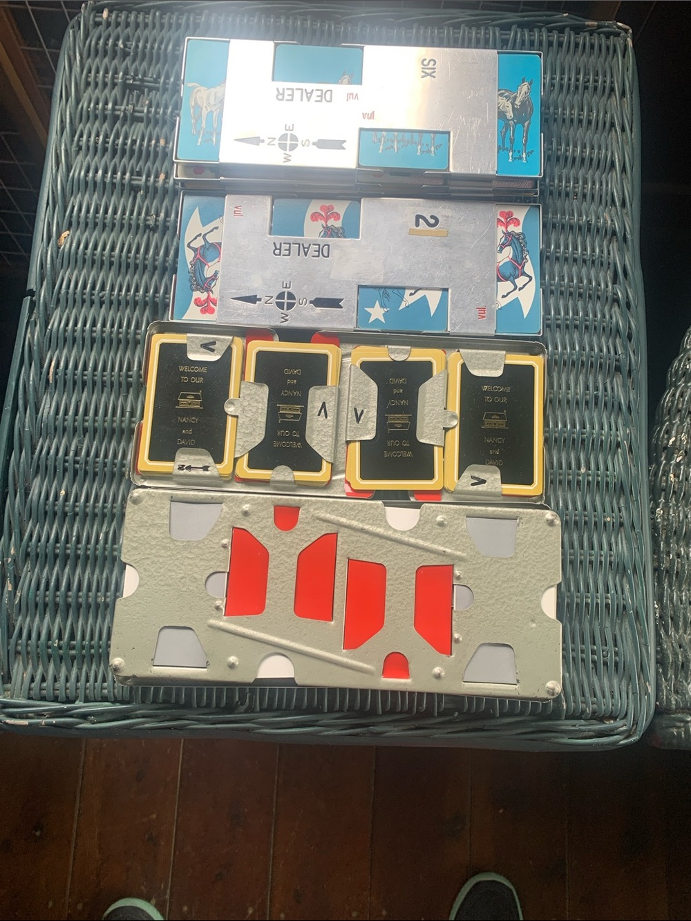 8 duplicate bridge boards with cards, pre used